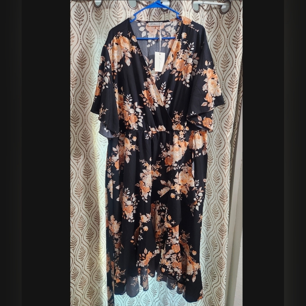 Women's Black Floral Wrap Dress with Peach Blooms